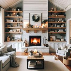 a living room filled with furniture and a fire place in the middle of a room