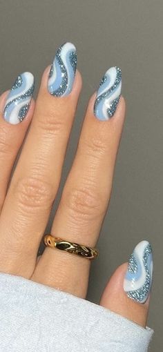 Blue Swirl Nails, Blue Acrylic Nails, Beauty Nails Design, Glamorous Nails, Sparkle Nails