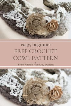 Two close up pictures showing the crochet flower details of a crocheted cowl that's made from a beginner friendly, free crochet pattern. Sashay Yarn Projects, Sashay Yarn, Yarn Projects Crochet, Scarf Patterns