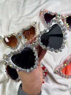 WOOHOO! It's time to party! Decorate your Pinterest perfect goodie bags with blinged out heart shaped sunglasses! These sunglasses are perfect for any bachelorette party, wedding shower, engagement party or bridal shower! The perfect complement to the beautiful bride & babes! A perfect addition to any party - you name it! The bride & tribe are definitely going to love these glasses ♡ This listing is for ONE (1) pair of sunglasses. They can be personalized with white vinyl or sold as is, plain. For further customization, please reach out to me! There is currently no sunglass case being offered yet with these sunglasses, but I will be adding them on soon. NEED MORE ITEMS? Don't worry! I got you covered! Take a look at my shop for other items to add to your bachelorette party. I will be addin Bling Bachelorette Party Ideas, Decorate Sunglasses, Bachelorette Gifts For The Bride, Bling Bachelorette Party, Bling Bling Party, Bedazzled Sunglasses, Barbie Sunglasses, Bride Glasses, Bling Accessories