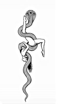 a black and white drawing of a woman with a snake on her back, in the air