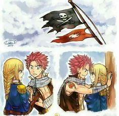 two anime characters hugging each other in front of a pirate flag