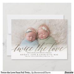 two twin babies laying on top of each other in front of a white background with the words, twice the love