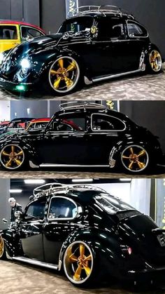 two pictures of an old black car with gold rims