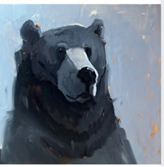 a painting of a black bear on a blue and gray background with orange spots around its eyes