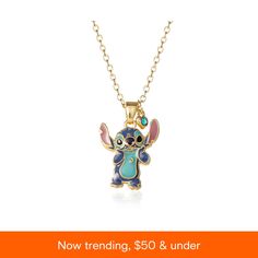 in stock Blue Enamel Pendant Jewelry, Blue Enamel Necklaces With Lobster Clasp, Disney Stitch, Stitch Disney, Blue Crystals, Gold Pendant, Color Pop, Flash, Gold Tones