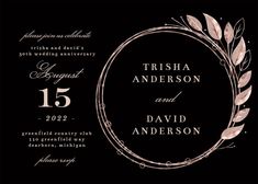 a wedding card with an elegant wreath design on the front and back, in burgundy