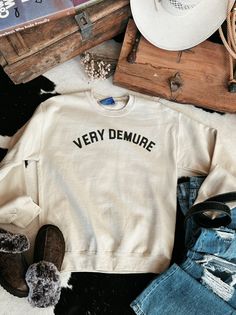 Very Demure Crewneck Sweatshirt | gussieduponline Beige Sweatshirt, Oversized Crewneck, Western Wear For Women, Rodeo Outfits, Event Outfit, Crop Top Blouse, Oversized Sweatshirt, Plus Dresses, Ladies Boutique