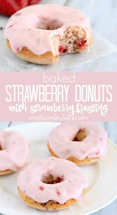 strawberry donuts with pink icing on a white plate