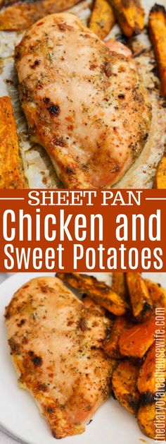 sheet pan chicken and sweet potatoes on a white plate with text overlay that reads sheet pan chicken and sweet potatoes