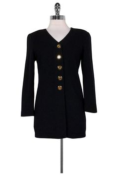 Current Boutique-St. John Basics - Black Knit Cardigan Sz P Formal Winter Tops With Buttons, Elegant Formal Cardigan With Buttons, Elegant Tops With Gold Buttons, Coats Fashion, Black Knit Cardigan, Outer Jacket, Button Top, Girl Coat, Coat Fashion