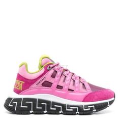 Versace Ladies Sneakers. SKU: 1004182-1A04984-1PK30. Color: Glossy Pink. Versace Trigreca Lace-Up SneakerS. These Trigreca low-top sneakers from Versace boast a striking combination of bubblegum pink and fuchsia tones. They are made from calf leather and feature the brand's signature Greca detailing, a logo patch at the tongue, a color-block panel design, a lace-up fastening at the front, an almond toe shape, and a branded insole. Please visit the brand website for sizing information. Pink Versace, Ladies Sneakers, Glossier Pink, Brand Website, Versace Watch, Cheap Gifts, Denim Shoes, Crossbody Messenger Bag, Sneaker Brands