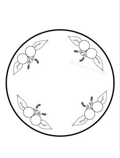 a black and white drawing of cherries on a round plate with leafy branches