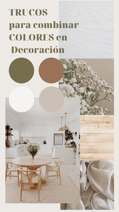 an image of a dining room with white walls and beige furniture in the center, along with text that reads trucos para combinar colores en decor