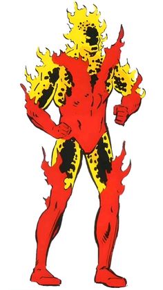 a drawing of a man with flames on his body and arms, in red and yellow