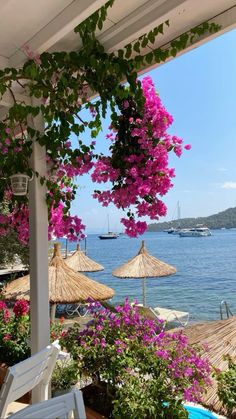 an outdoor area with umbrellas, chairs and flowers