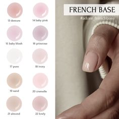 FRENCH BASE offers a palette of camouflage bases in perfect French shades, designed to enhance and tone the natural nail color. These bases provide an elegant, seamless finish, ideal for creating classic French manicures with a natural look. Elastic base of comfortable medium-thick consistency. Suitable for minimal leveling of Nail plates in the technique of leveling with liquid bases. It is recommended for application on a layer of the priming base-substrate. They are used as a camouflaging bas Taupe Nails, Nail Plate, Floral Nails, Nail Supply, Semi Transparent, Base Coat, Gel Nail Polish, Natural Nails, Pink Nails