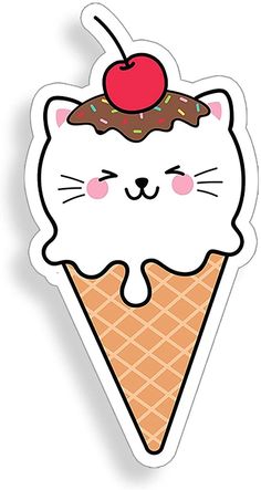 an ice cream sticker with a cat face on it's head and a cherry on top