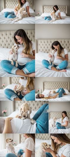 a woman sitting on top of a bed holding a dog