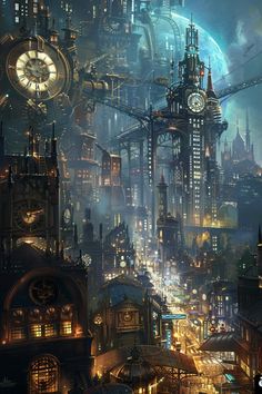 a futuristic city with lots of tall buildings and clocks on the top of each building