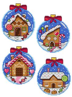 four cross stitch christmas ornaments in the shape of houses