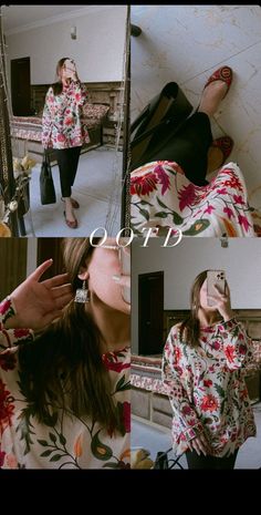 a collage of photos showing a woman in floral clothing