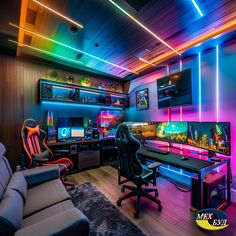 a gaming room with neon lights and furniture