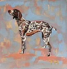 a painting of a dog with spots on it's face and tail, standing in front of a blue background