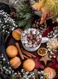 a cup of hot chocolate and some cinnamons on a plate with pine cones, leaves and other autumn decorations