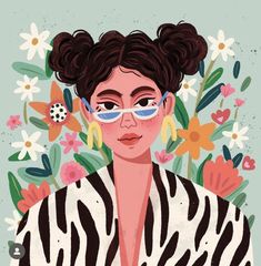 a woman with glasses and flowers in her hair is wearing a zebra print shirt that says,