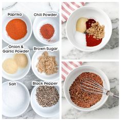 four pictures showing different types of spices in white bowls on a marble counter top with red and white striped towel