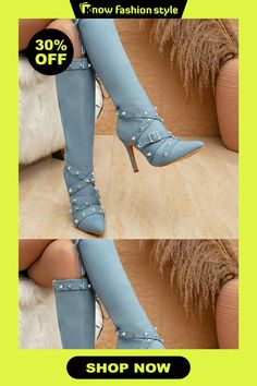 Causal Rivets Zipper Studded Strap Point Toe Knee-High Denim Heeled Boots Fitted Denim Blue Boots For Party, Fitted Denim Blue Party Boots, Denim Blue Party Boots, Denim Heels, Point Shoes, Wholesale Fashion, Rivets, Types Of Shoes, Knee High