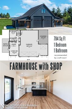 the farmhouse house with shop floor plan is shown