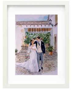 a painting of a bride and groom kissing in front of a white building with potted plants