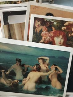 several pictures of women in the water with flowers on their heads and one has her hair pulled back