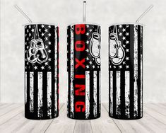 two black and white canisters with boxing logos on them