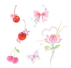 three cherries, one cherry and the other flower with butterflies flying around them on a white background