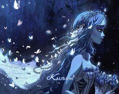 a woman with blue hair is standing in the rain and butterflies are flying around her