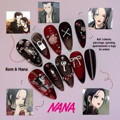 Nana & Ren nails | encomendas abertas!! Nana Nail Art, Nana Anime Nails, Nana Osaki Nails, Madoka Magica Nails, Nana Nails Anime, Nana Nails Inspired, Berserk Nails, Inuyasha Nails, Nana Inspired Nails