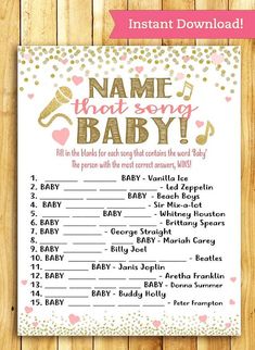 a baby shower game with the words name that song baby written in gold and pink