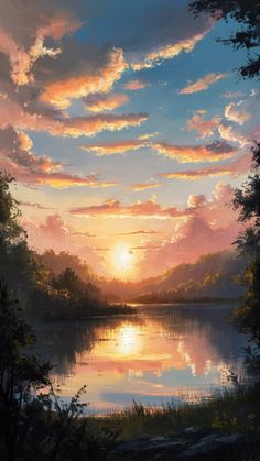 a painting of the sun setting over a lake