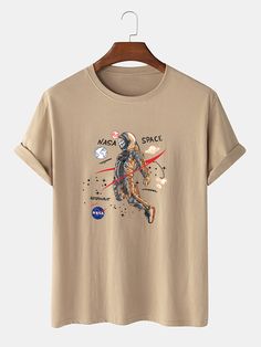 Cartoon Astronaut Print 100% Cotton Casual Short Sleeve T-Shirts - Khaki / L Meringue Halloween, Halloween Meringue, Bruja Halloween, Skeleton Print, Wallpaper Y2k, Halloween Skeleton, School Aesthetic, Short Sleeve Pattern, Loose Shorts