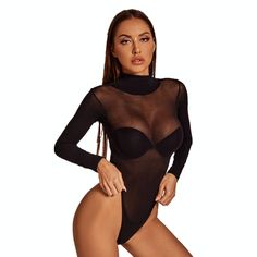 Mesh Black Bodysuit Plus Size Costume, One Piece Lingerie, Black Overalls, Bodysuit Lingerie, Black Bodysuit, Long Sleeve Bodysuit, Babydoll Dress, Shoulder Length, Baby Doll