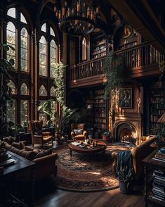 a living room filled with lots of furniture next to a fire place and bookshelf