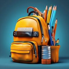 a yellow backpack filled with pencils and other school supplies on top of a blue background