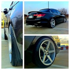 three pictures of the rear end of a car with wheels and rims on it