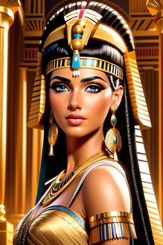 an egyptian woman with blue eyes and gold jewelry