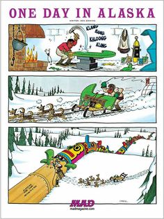 one day in alaska comic strip with cartoon characters on sleds and snow covered ground