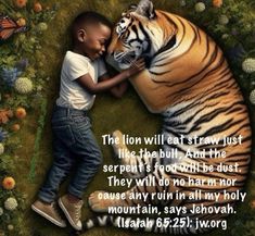 a young boy hugging a large tiger in the middle of a field with flowers and butterflies