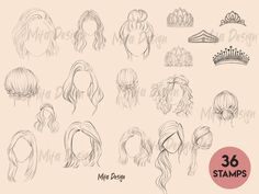 various hairstyles for women with long hair and tiara on them, all drawn in